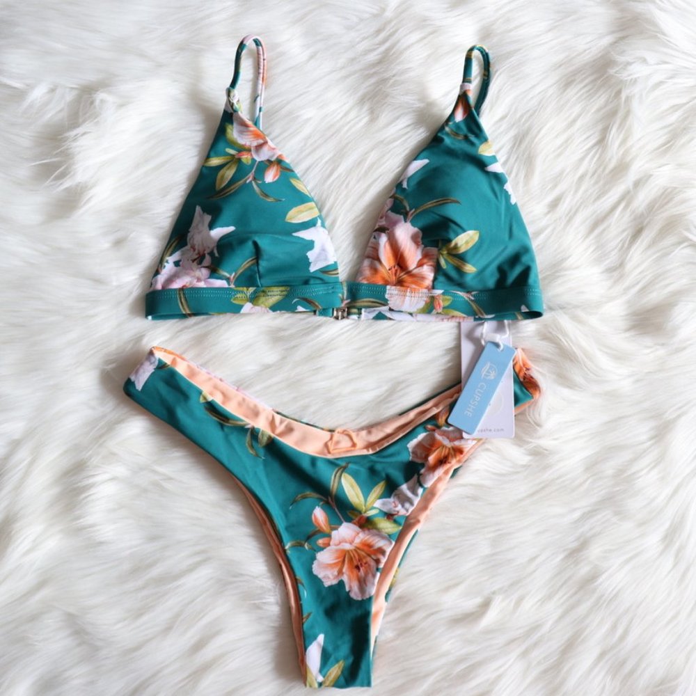 Green and Peachy Floral Bikini Set Sz S-Swimwear